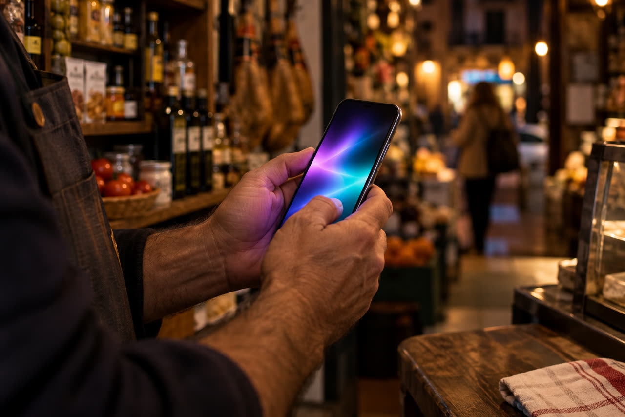 Dueño de un comercio consultando el móvil en su tienda