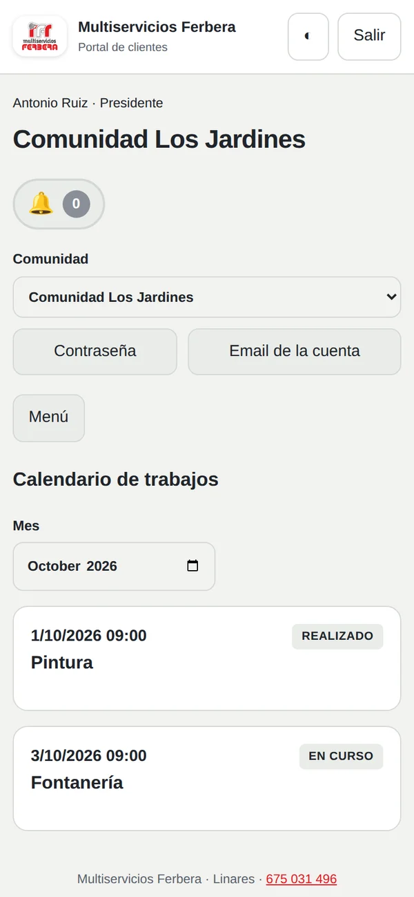 Calendario de trabajos en el portal de clientes